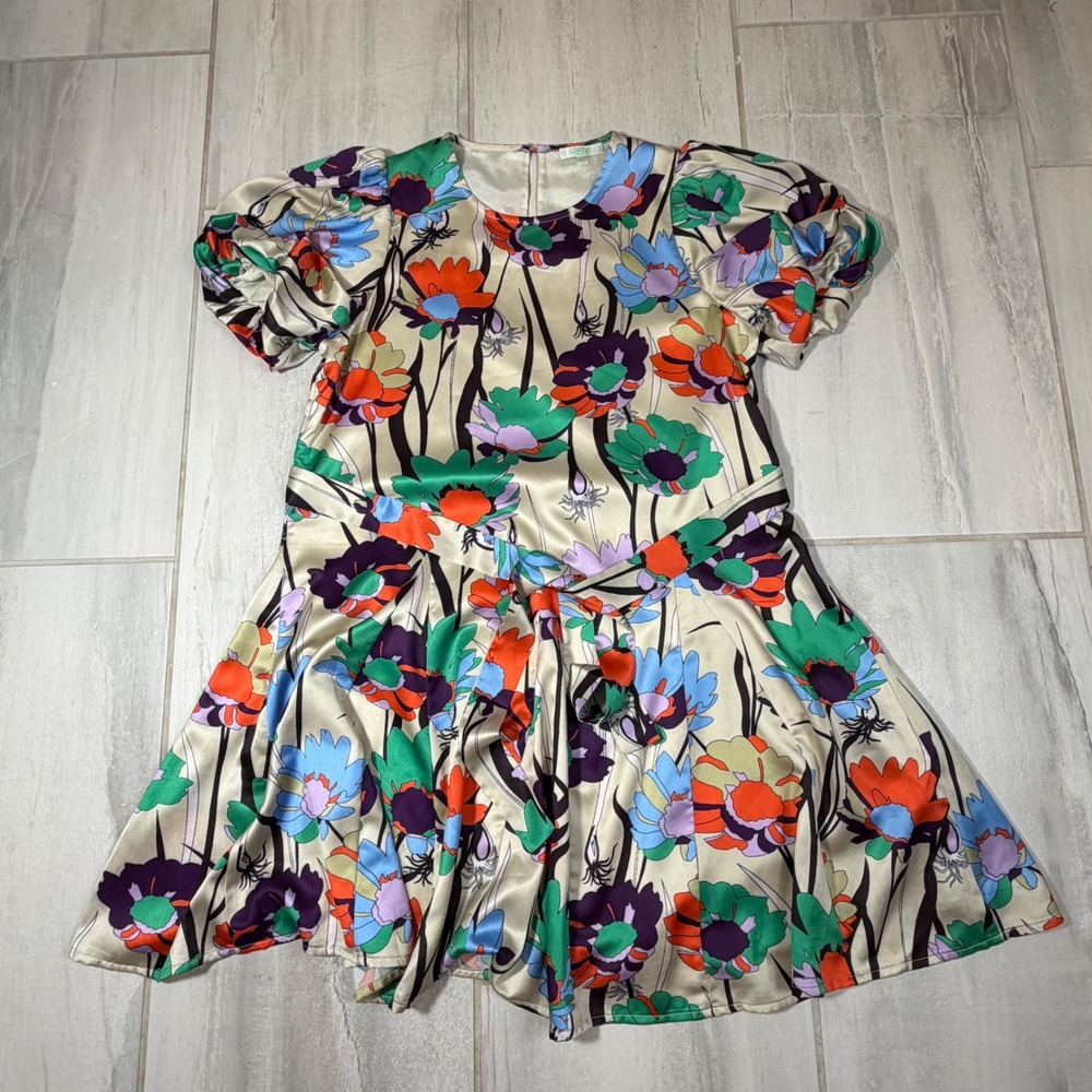 Jade Melody Tam Floral Satin Puff Sleeve Mini Dress Champagne Multi Size M